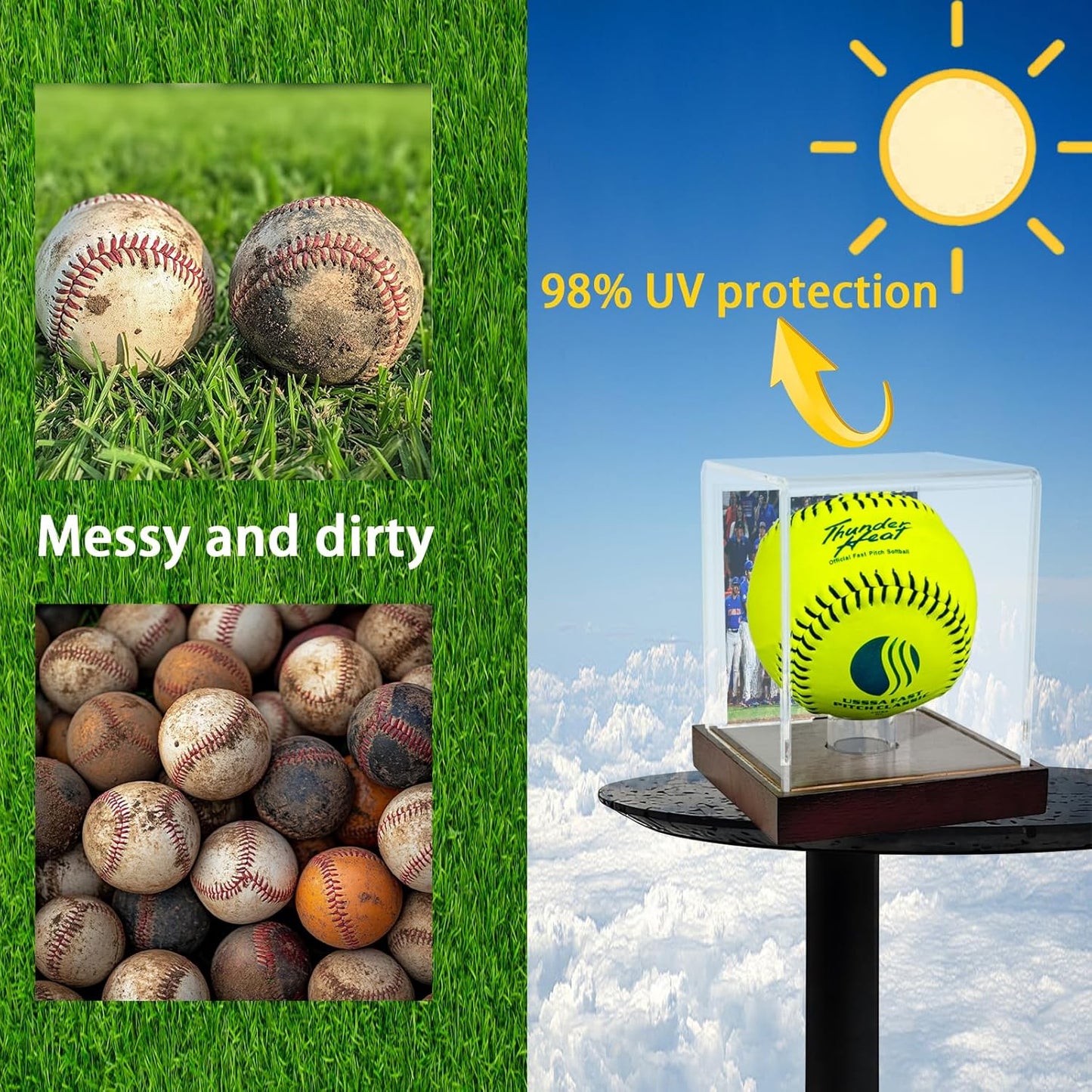 Clear Softball Display Case with Wood Base and Compartment for Photos,Cards,Acrylic Ball Display Holder for 12 inch Softball,UV Protected Cube Stand for Tennis Ball Baseball,Sport Collection Showcase