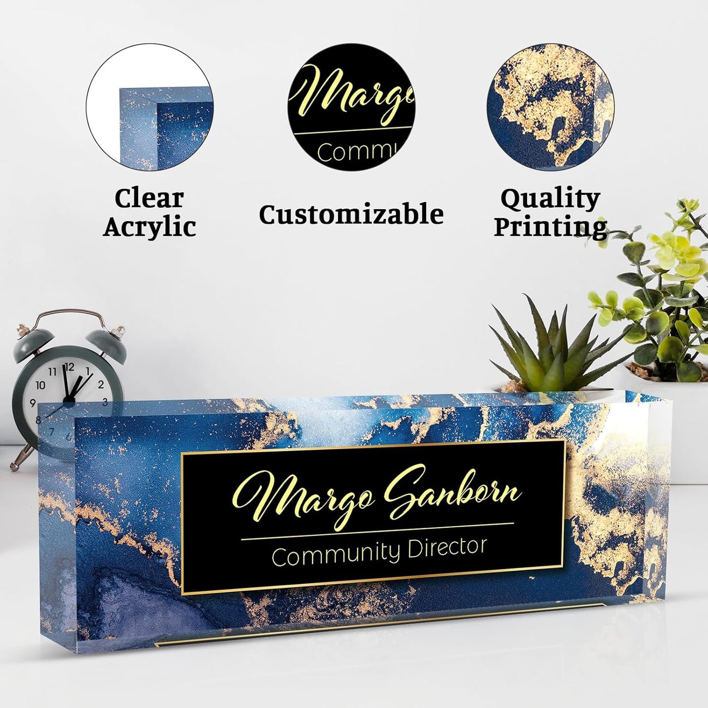 Personalized Name Plate for Desk Custom Acrylic Desk Name Plate Custom Employee Appreciation Gifts Office Gifts for Women, Men, Boss, Coworkers, Teacher, Nurse (A-Blue Marble)