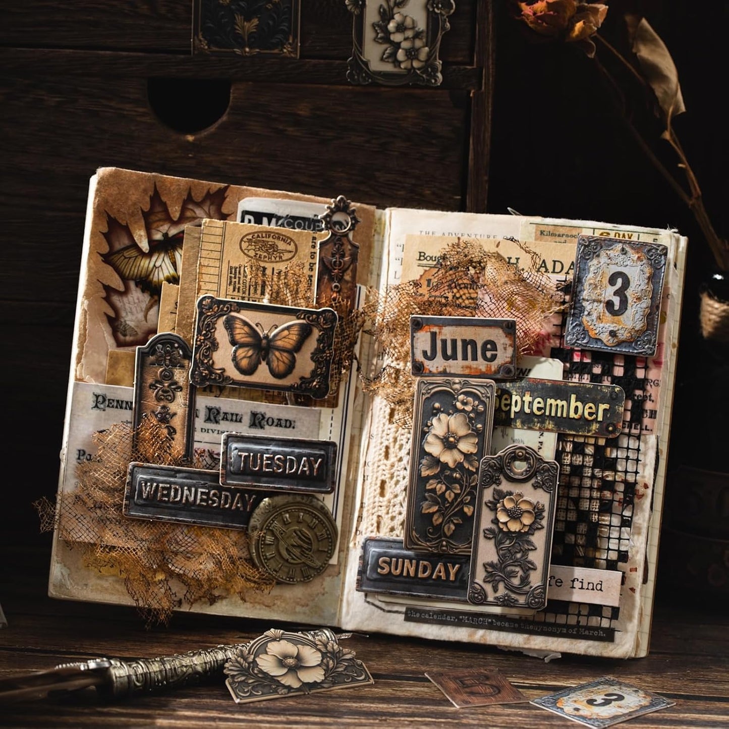 Metal Imprint Stickers Set – 120PCS Vintage Faux Embossed Label Stickers Featuring Writable Self-Adhesive Tags for Scrapbook Junk Journal DIY Crafts