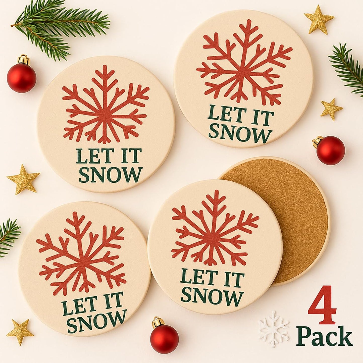 Let It Snow Christmas Coasters Set of 4,Absorbent Ceramic Drink Coasters with Non-Slip Cork Backing, Festive Red Snowflake & Holiday Phrase Design, Winter Coffee Table Protection & Gift Decor