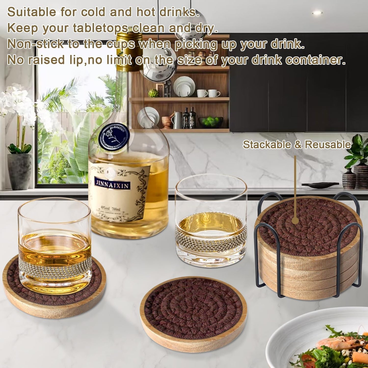 6 Pack Absorbent Coasters, 4.3 inches Cork for Coffee Tables, Wooden Drink Coasters for Kitchen, Farmhouse, Bar, and Office