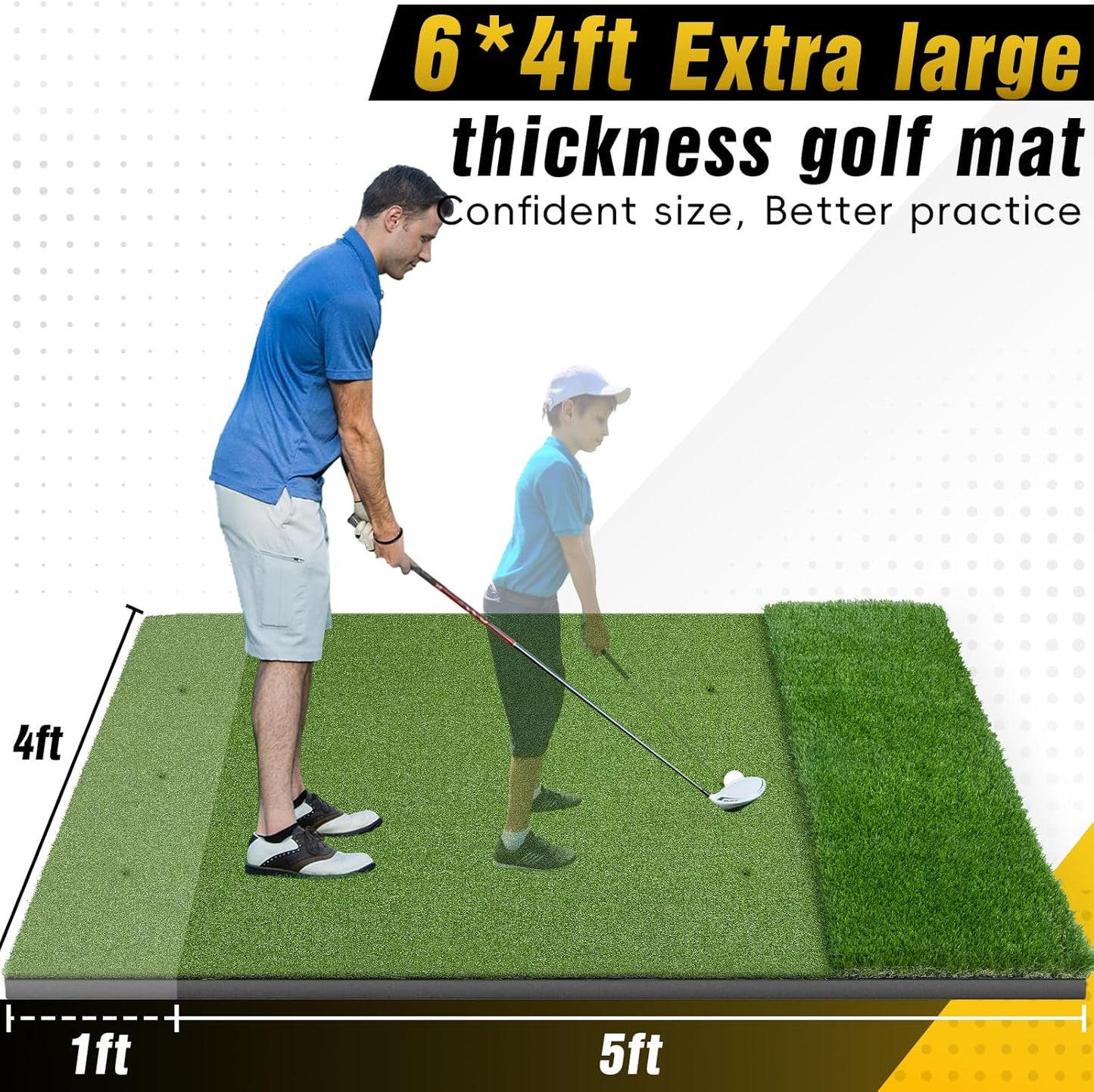 Dual-Turf Golf Mat 31mm: 6x4ft/5X5ft Extra Large Golf Hitting Mats Practice Outdoor Indoor, High-Density Artificial Turf Matt for Garage Simulator Chipping Driving Training, Ideal Gifts for Men Dad