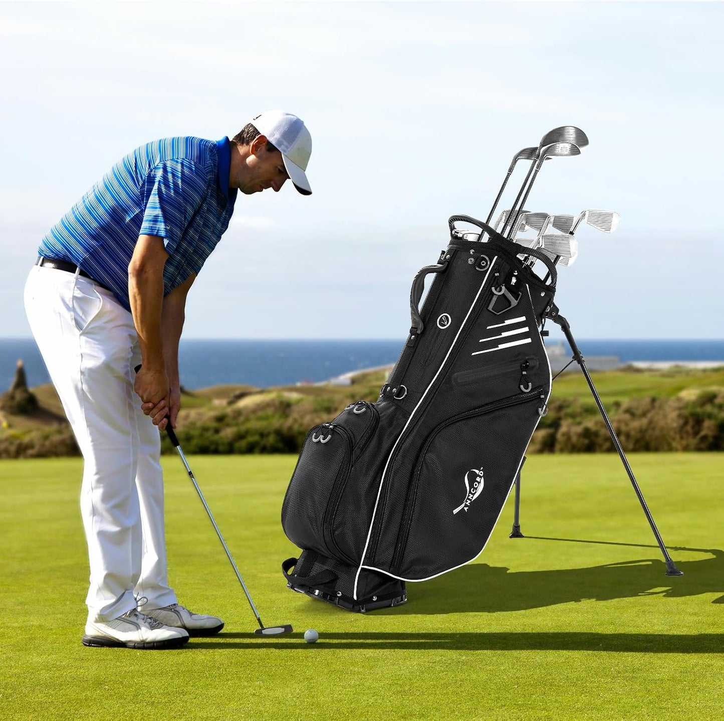 Golf Stand Bag 14 Way Top Dividers Full-Length with Stand, 8 Pockets, Cooler Pouch, Waterproof Golf Bag for Men, Dual Strap, Rain Hood