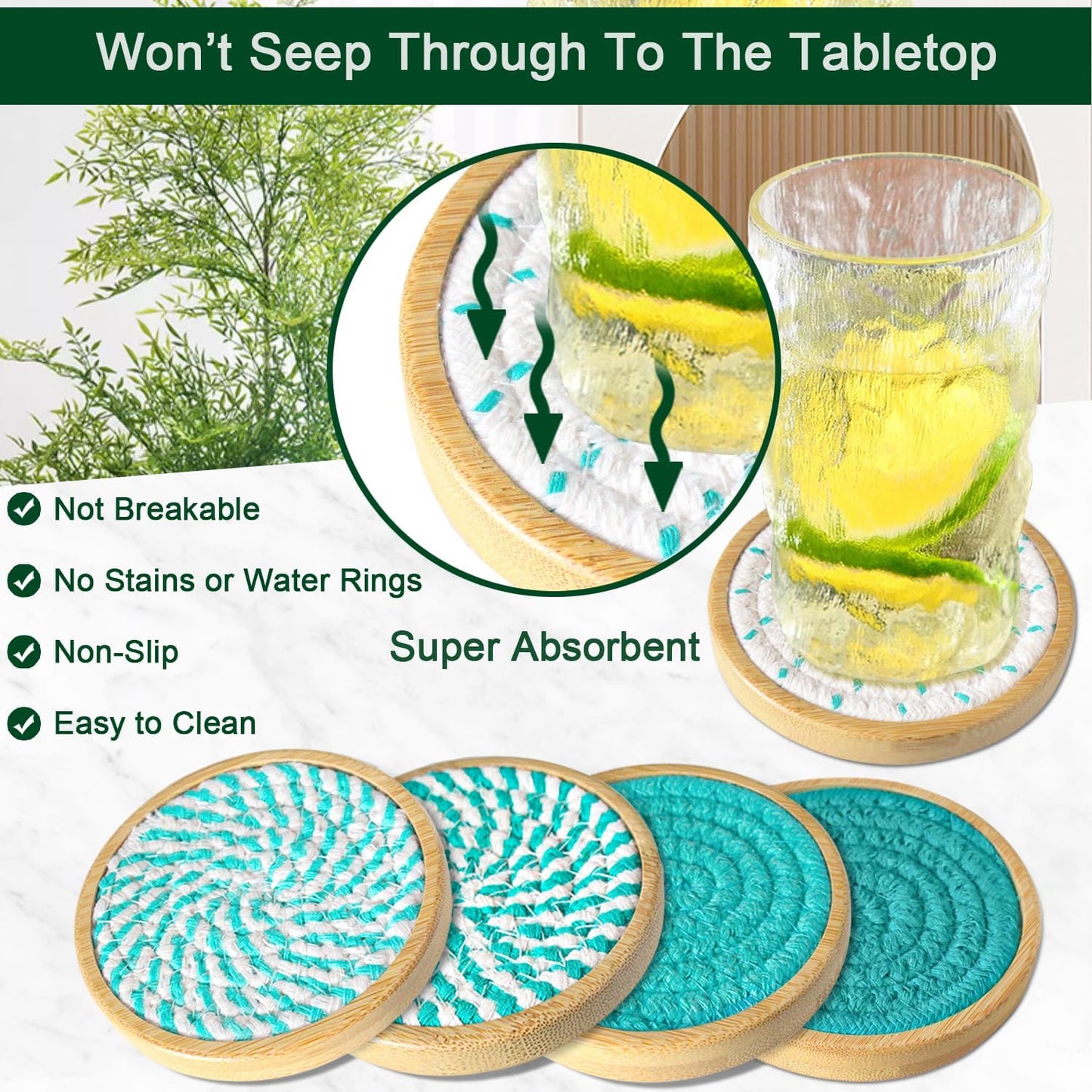 Bamboo Coasters for Drinks, Absorbent Coaster Sets of 5, Woven Drink Coasters for Coffee Table, Housewarming Gift for Farmhouse Home Decor,4 inches (Lake Blue Series)