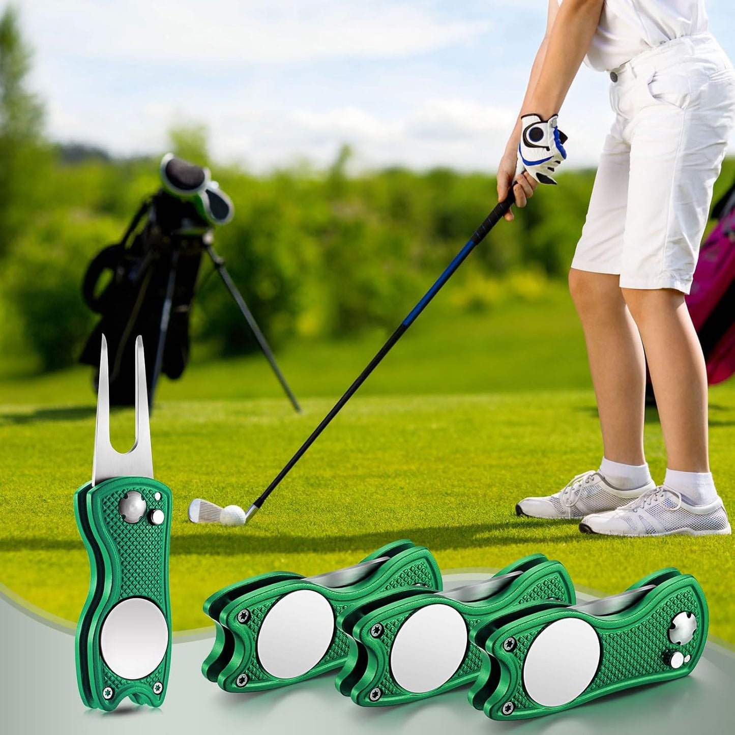 Skylety 4 Pcs Golf Divot Repair Tool Metal Foldable Golf Divot Tool with Magnetic Pop-up Button Ball Marker Stainless Steel Switchblade for Golfers Prizes