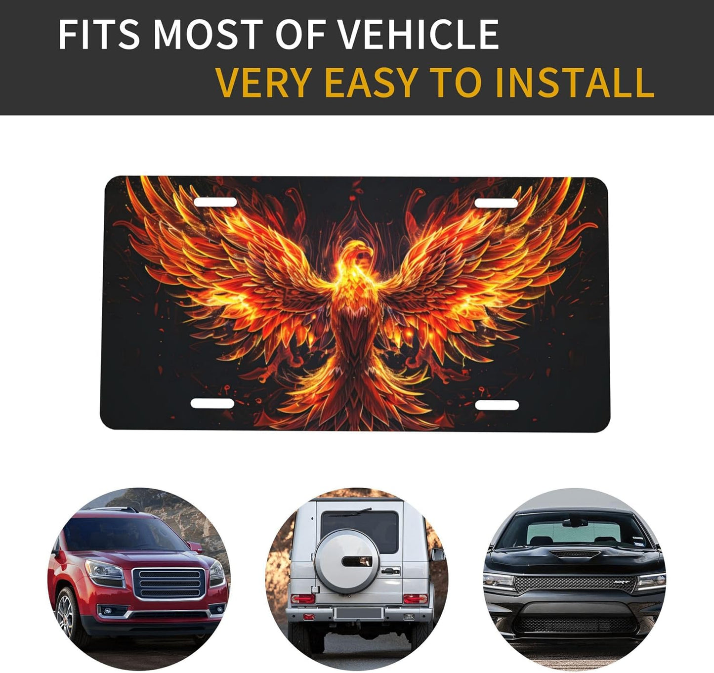Golden Animal Phoenix Front License Plate for Car Designs Stainless License Plate Cover Holder for Men Women Metal Aluminum Decorative Accessory Vanity Tag Standard 6 X 12 Inch (4 Holes)
