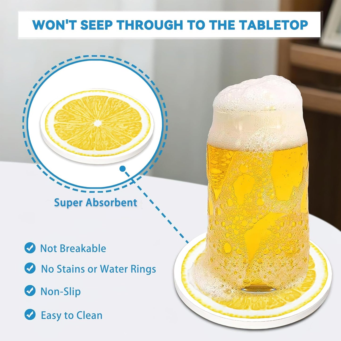 Drinks Coasters Set of 4, Lemonade Round 4" Cup Coasters, Absorbent Ceramic Stone Coasters with Cork Base, Cute Coasters for Table Home Décor, Ideal Gifts for Women Men