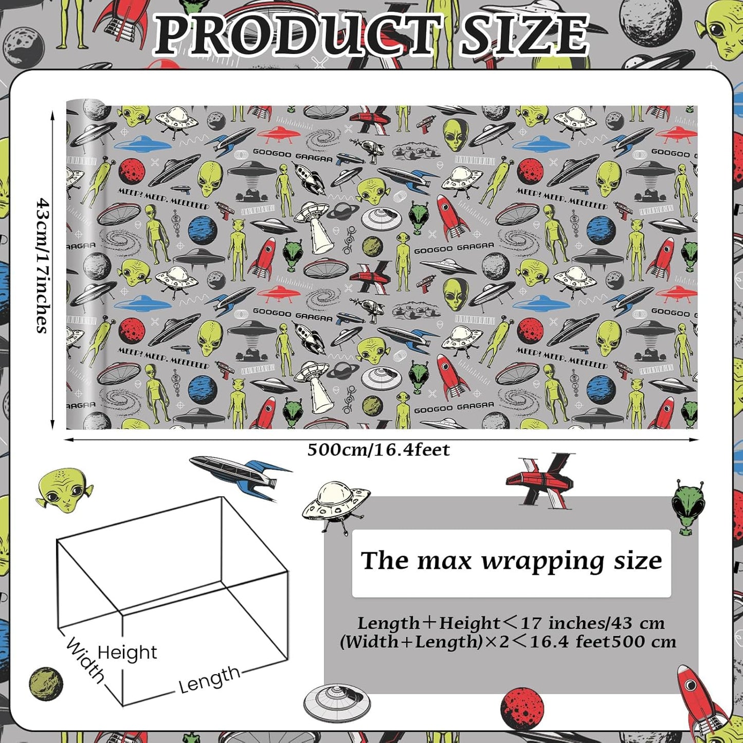 Alien Wrapping Paper Roll - 17Inch x16.4Feet - Fun Space UFO Gift Wrap Funny Wrapping Paper for Sci-Fi Parties,Birthdays,Celebrations