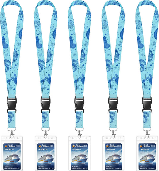 5 Pack Cruise Lanyards with Ocean Creature Design, Cruise Ship Lanyards with Waterproof ID Badge Holders for All Cruise Lines 2025, Green