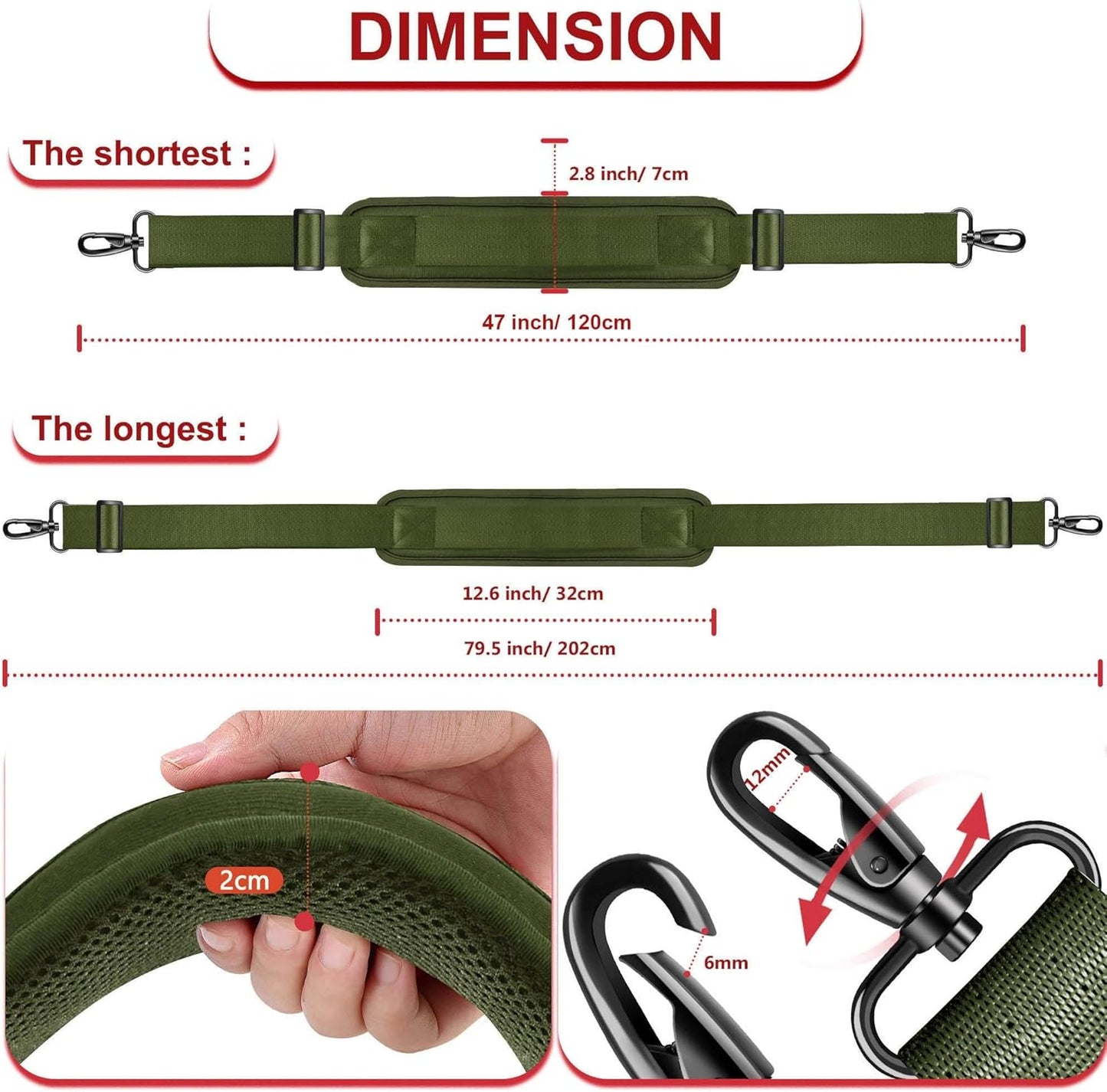 ZINZ 79.5" Universal Strap with Ultra-Thick Fixed Breathable Pad - Adjustable Heavy-Duty Shoulder Strap for Laptop, Crossbody, Luggage, Gym, Camera Bag and More,Army Green