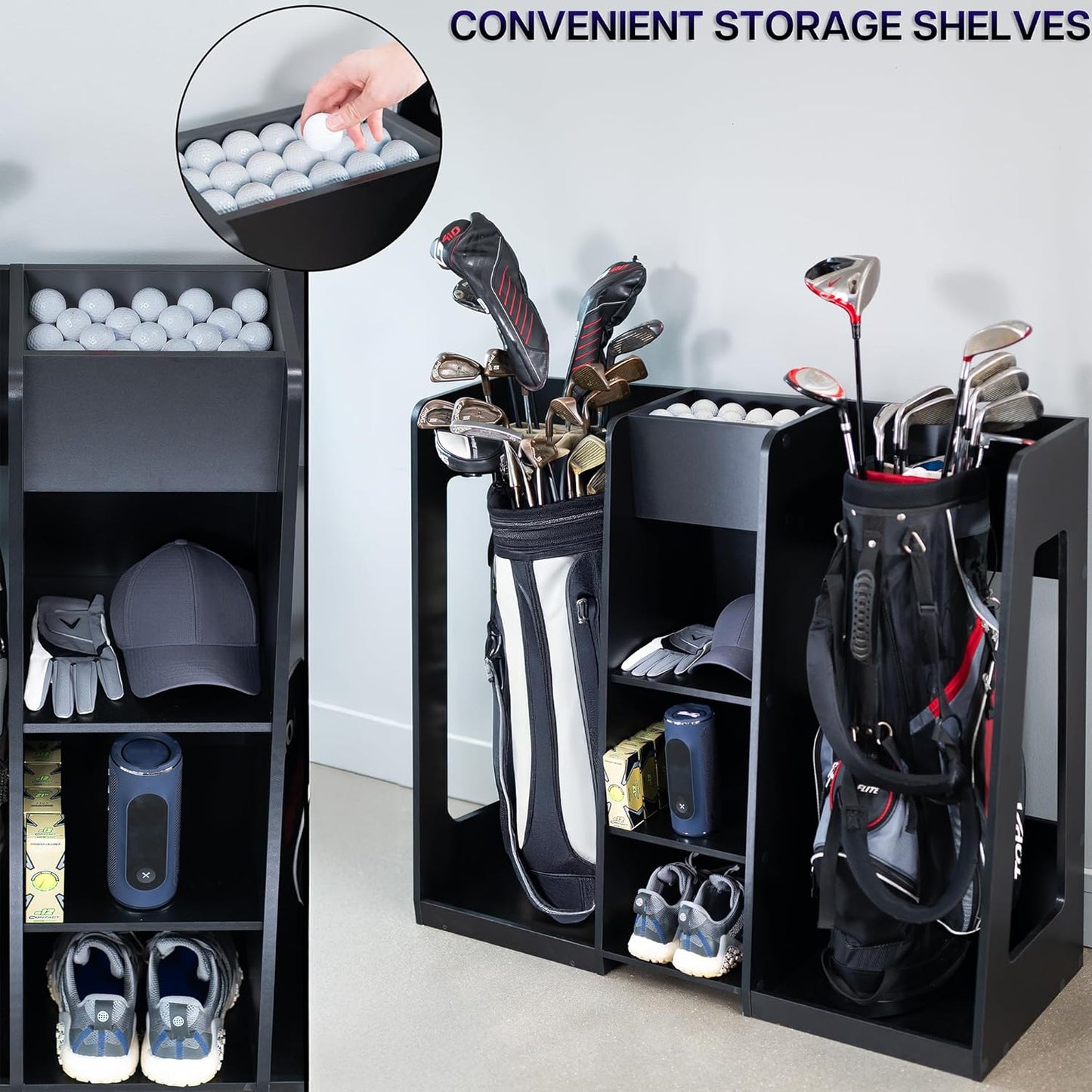 Life Finds Golf Bag Organizer, Storage Holder for Garage with 2 Side Compartments, 3 Middle Cubbies, and More, Black, LF-GBS1