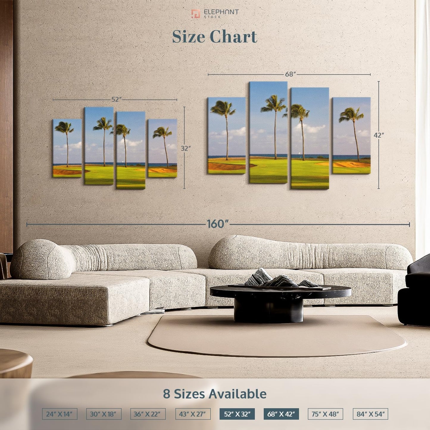 Elephant Stock Hawaiian Golf Course Wall Art - Horizontal Canvas - 4-Piece Living Room Wall Decor - Photography Sports Canvas Print - Green and Yellow Decor for Wall - 52" X 32"