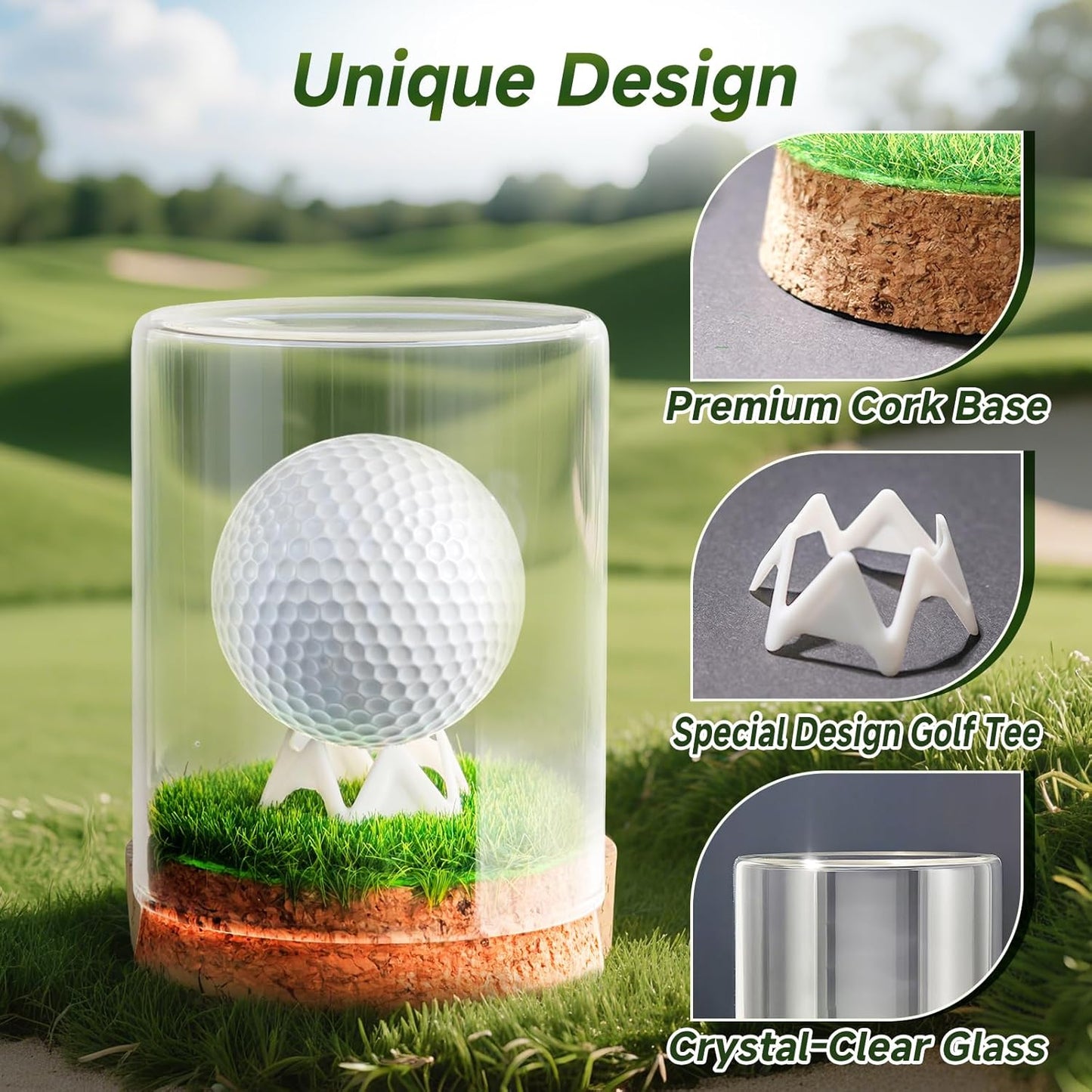 Rocalt Golf Ball Display Case, Hole in One Golf Ball Display Case, Clear Glass Golf Ball Holder with Cork Base, Lifelike Turf, and Plastics Tee, Golf Gifts Decor
