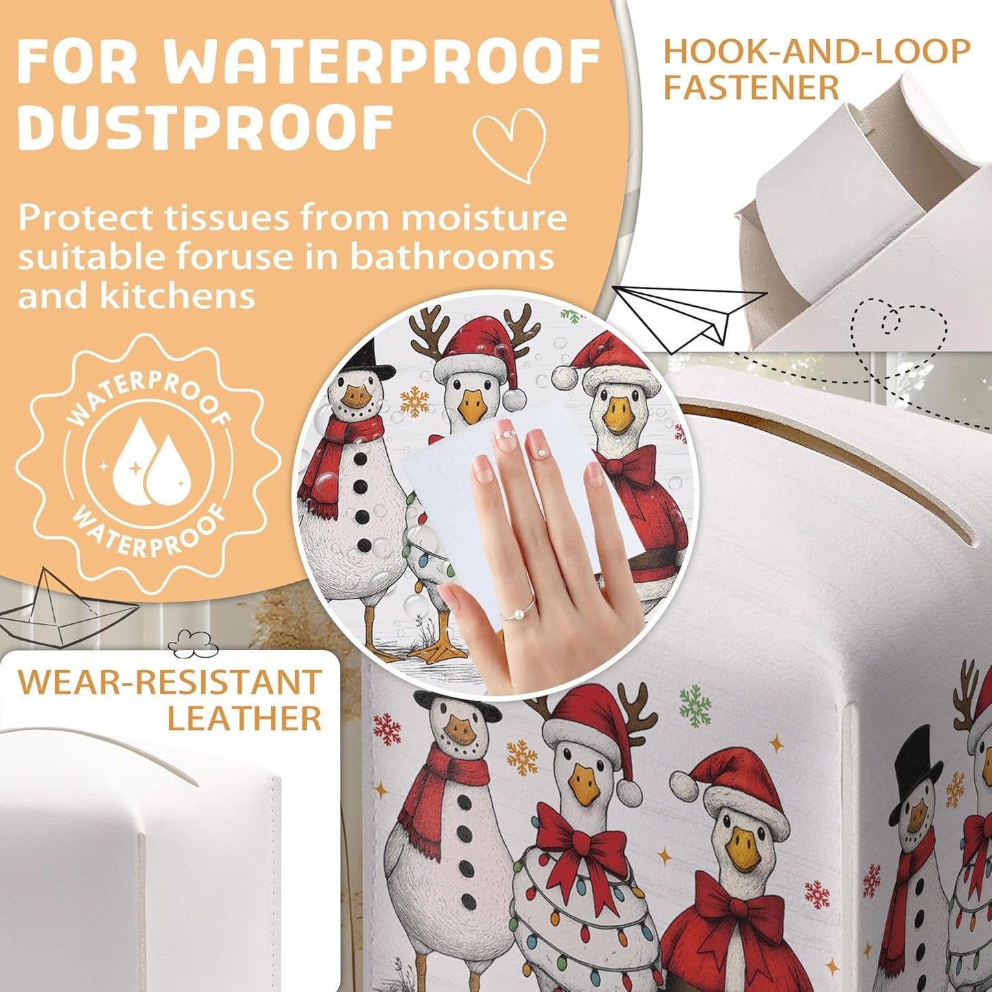 Vintage Christmas Goose Tissue Box Holder, Retro Christmas Leather Tissue Box Cover Square, Paper Facial Decorative Tissues Cover for Bathroom Kitchen Office Home Decor-B27