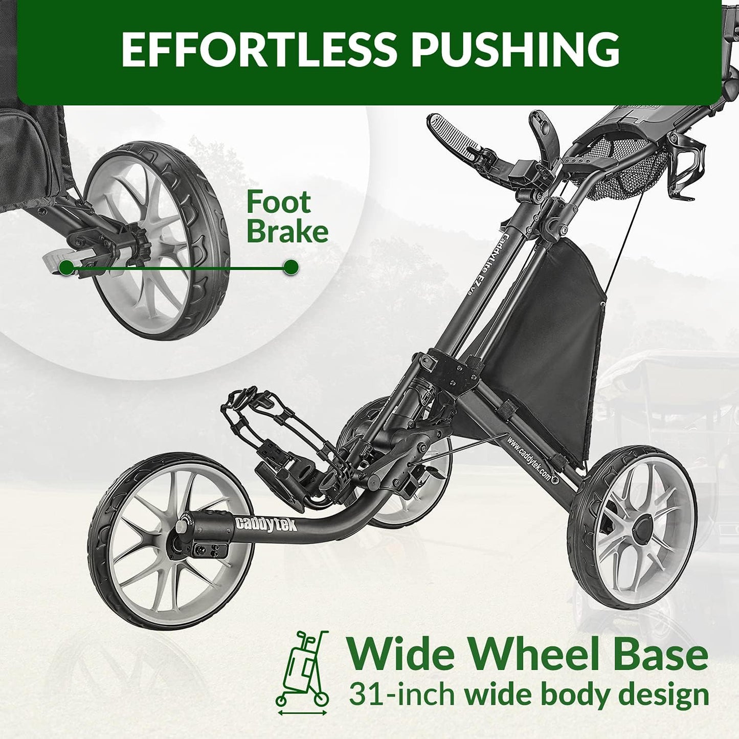 Caddytek CaddyLite EZ V8 Golf Push Cart - Lightweight 3 Wheel Foldable Cart with One-Click 2-Step Folding, EVA Wheels, Adjustable Handle, Cooler Basket, Umbrella & Drink Holder, Compact Golf Cart
