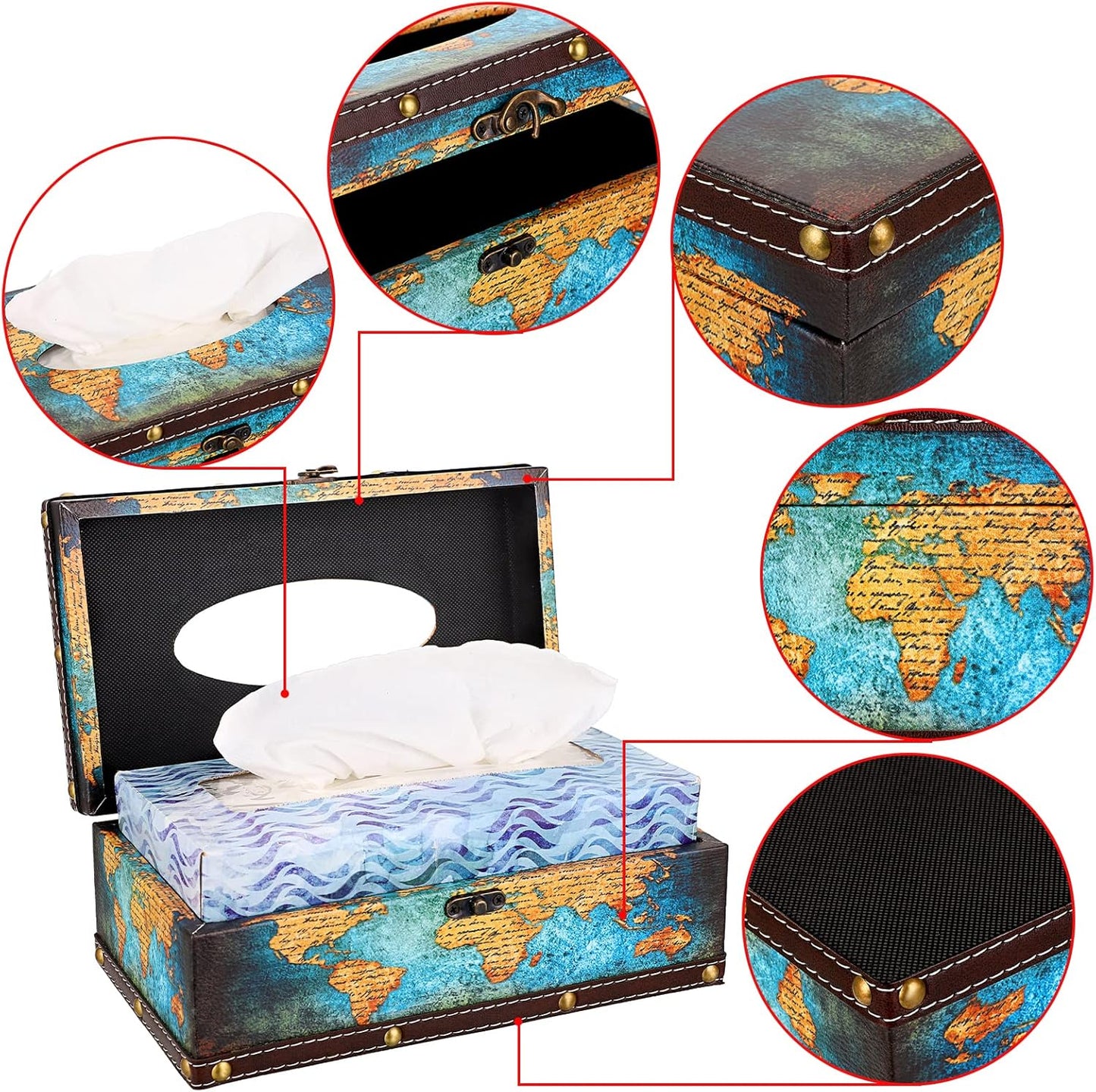 Sumnacon Tissue Box Cover Rectangle Wooden Tissue Box with Lid, Vintage Tissue Box Holder with Retro Pattern, Rustic Tissue Cover for Bathroom Toilet Living Room Table Desk Office Decor,Green Map