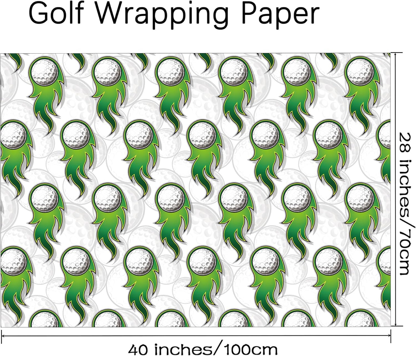 WAPLIGHAL Golf Wrapping Paper - 28 x 40 Inches - White Background with Green Flame Golf Ball Design - Perfect for Birthdays, Holidays, Father’s Day