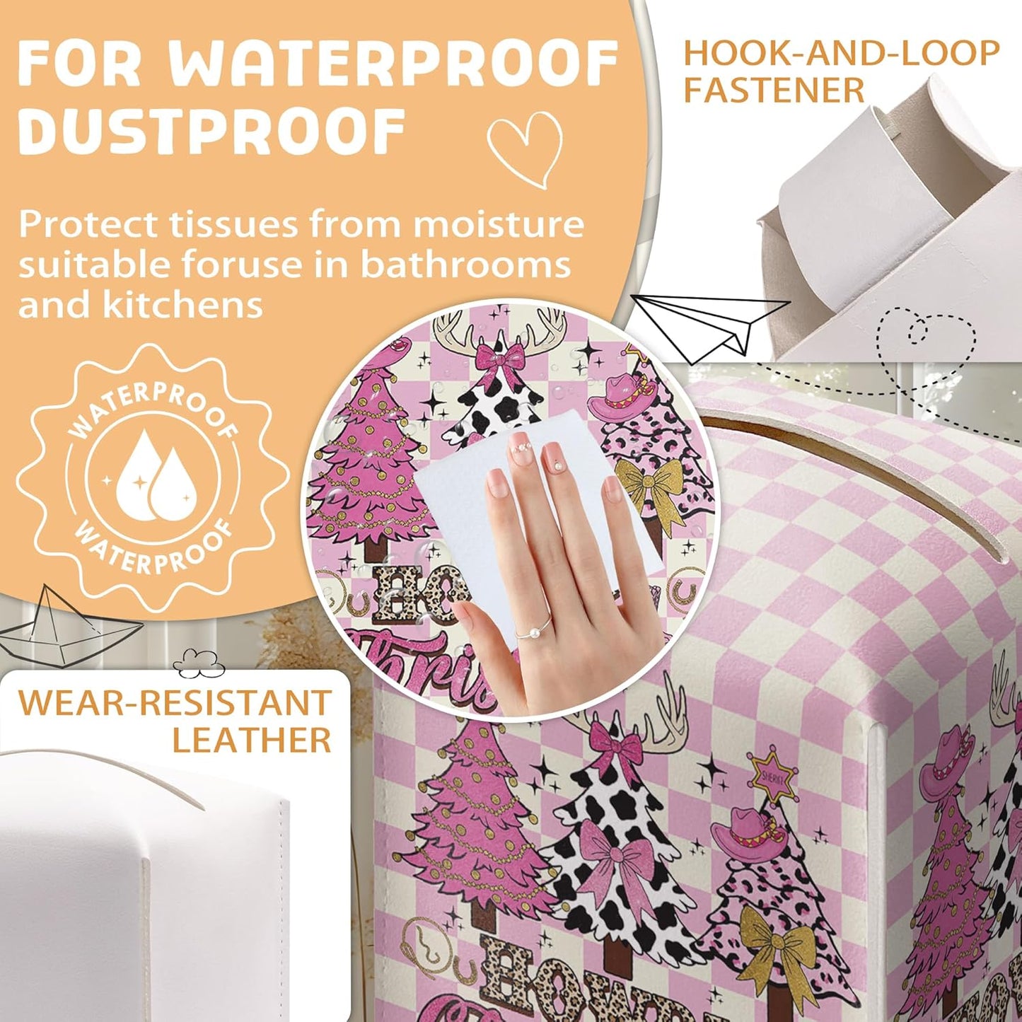 Howdy Christmas Tissue Box Holder, Pink Checkered Cowgirl Western Christmas Trees Leather Tissue Box Cover Square, Paper Facial Decorative Tissues Cover for Bathroom Office Home Decor-B07