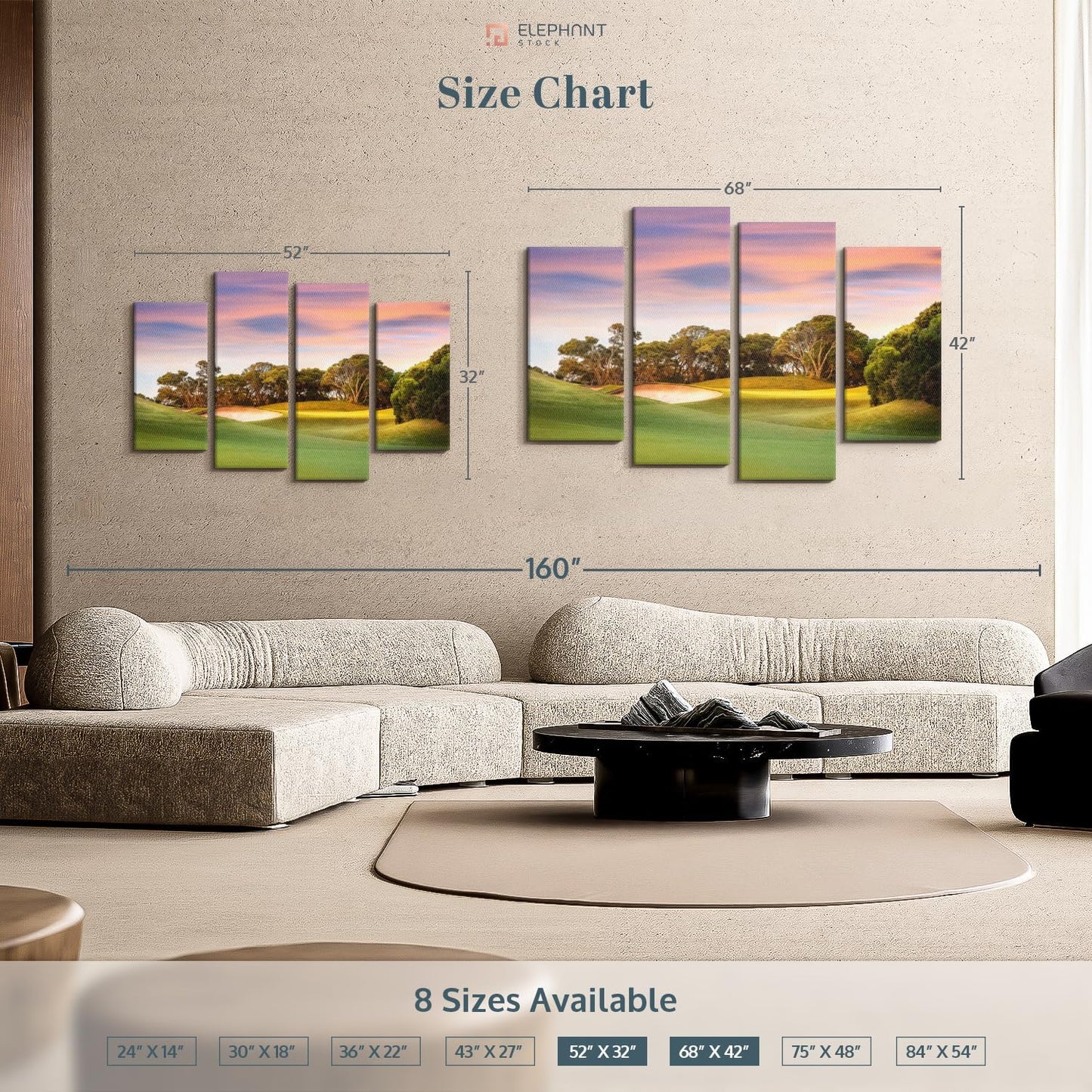 ElephantStock Golf Course Sundown Wall Art - Horizontal Canvas - 4-Piece Living Room Wall Decor - Photography Sports Canvas Print - Orange and Blue Decor for Wall - 52" X 32"