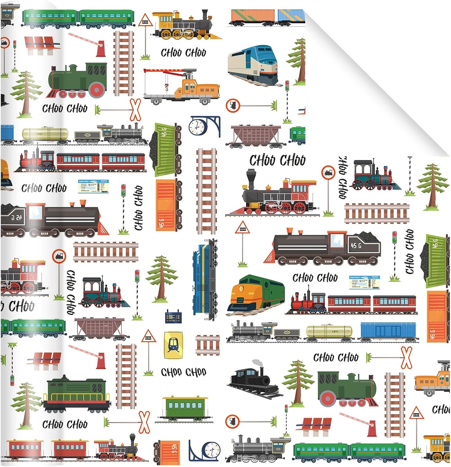 Pineraap Train Themed Wrapping Paper Roll - 17Inch x16.4Feet - Locomotive Railroad Track Sign Design Gift Wrap for Birthday,Holiday Parties,Baby Showers