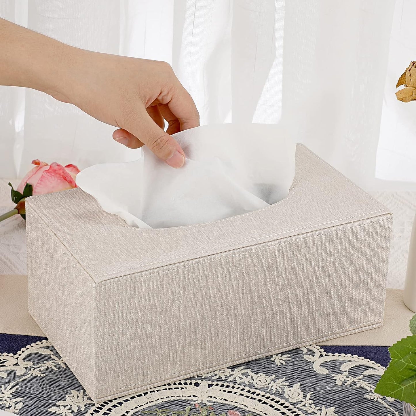 Sumnacon Tissue Box Cover Rectangle Linen Tissue Box,Stylish Tissue Box Holder with Magnetic Bottom,Decorative Tissue Cover for Bathroom Toilet Bedroom Living Room Table Desk Office, Beige