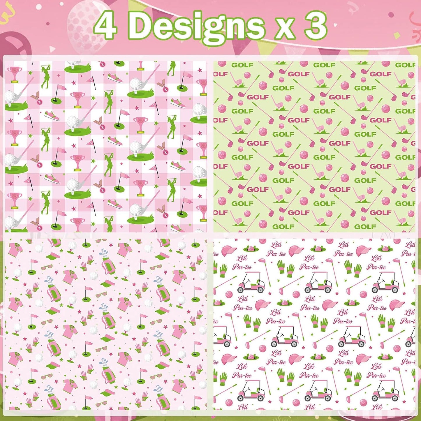 Pineraap 12 Sheets Golf Wrapping Paper, Pink Green Golf Ball Let’s Par-tee Gift Wrap Sports Gift Packing Paper for Girls Birthday Party Holiday Baby Shower DIY Crafts, 19.7 x 27.6 Inch