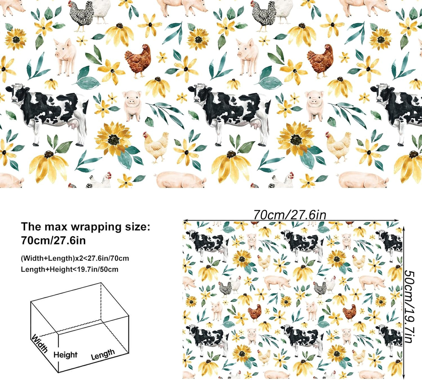 Dtiafu Farmhouse Wrapping Paper Folded Flat Cow Chicken Boho Floral Gift Wrap Bulk Cute Farm Animal Art Paper for Christmas Holiday Birthday - 20 x 28 Inch Per Sheet (6 Sheets)