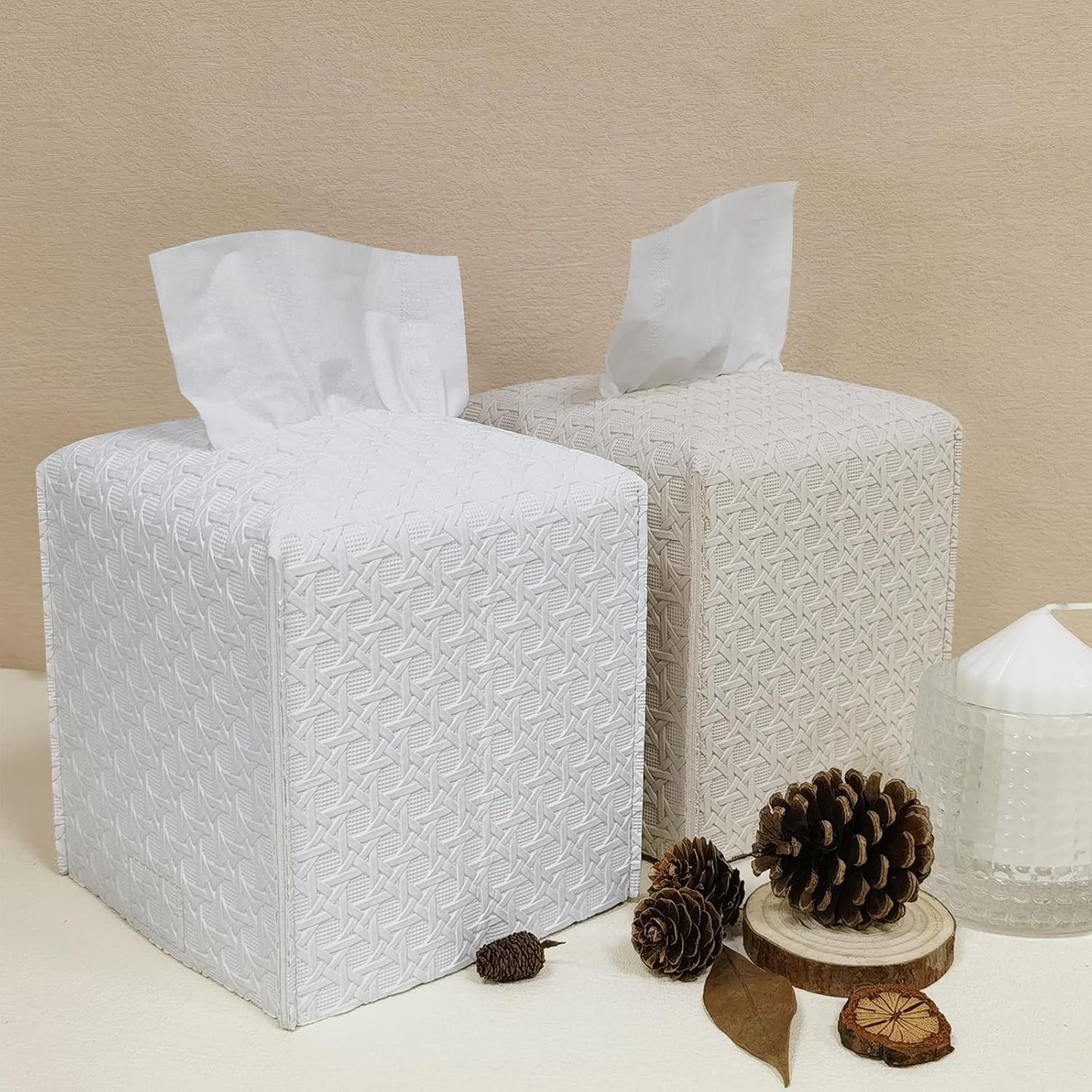 HOMOTEK 2 Pack Tissue Box Cover,PU Leather Tissue Holder,Square Decorative Facial Tissue Cube Paper Organizer Dispenser for Bathroom, Night Stands, Desk, Car 5X5X5'' - Rattan Weave, Ivory
