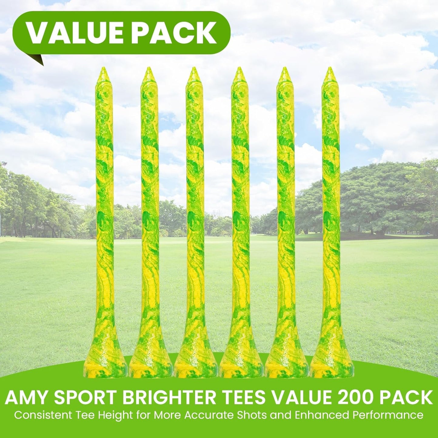 Amy Sport Golf Tees Styllish Bamboo Wooden Coloured Painted Bulk 200 Pack 1 1/2 3 1/4 2 3/4 Inch Tee, Enhanced Visibility Color Purple Pink Green Blue, Practice for Men Women