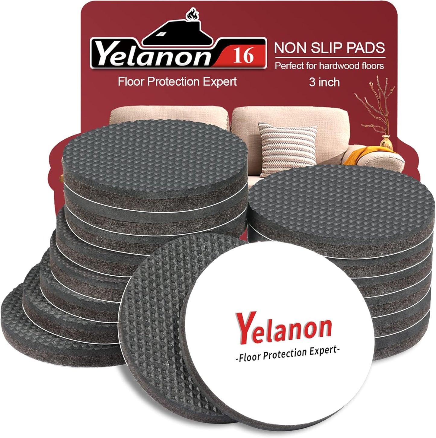 Yelanon Non Slip Furniture Pads - 16 pcs 3" Round Felt & EVA Furniture Grippers, Dark Brown & Black, Self Adhesive Rubber Feet for Hardwood, Laminate, Tile, Vinyl, Cork Floors