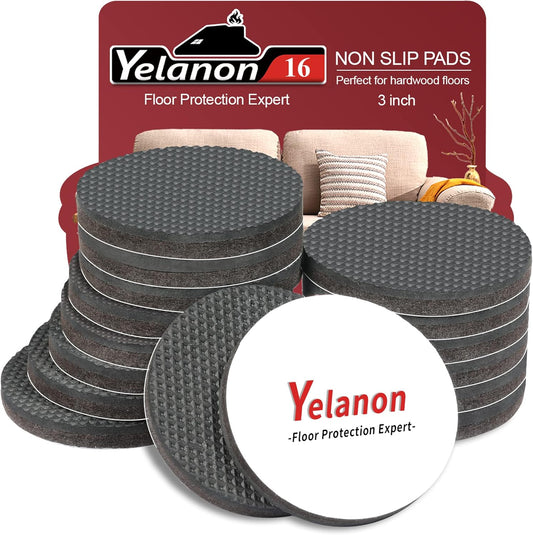Yelanon Non Slip Furniture Pads - 16 pcs 3" Round Felt & EVA Furniture Grippers, Dark Brown & Black, Self Adhesive Rubber Feet for Hardwood, Laminate, Tile, Vinyl, Cork Floors