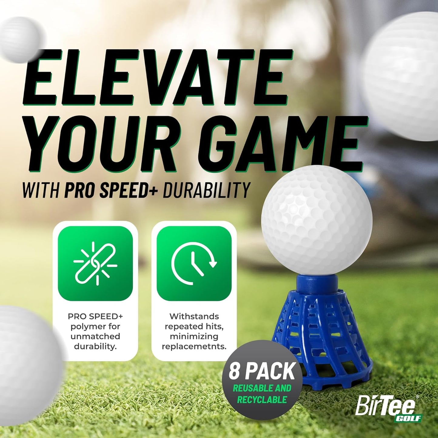 BirTee Golf Tees - PRO Speed Plus with Flexibility & Durability - 8 Pack. Indoor Golf Tees/Golf Simulator Tees/Winter Plastic Golf Tees