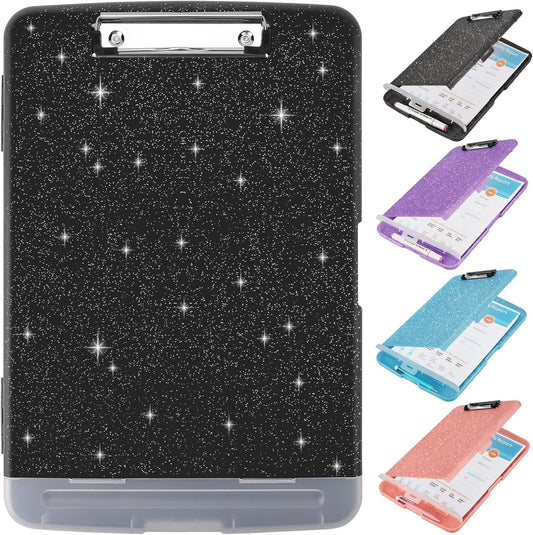 Glitter Clipboard with Storage,Storage Clipboard with Pen Holder,A4 Binder Clip Boards 8.5x11 with Low Profile Clip,Side Opening Sparkle Clipboards, Clipboards Folder for Office Supplies-Starry Black