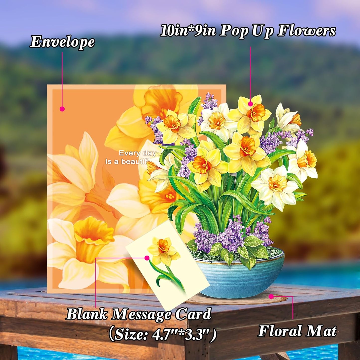 Airpark Pop Up Flower Card, 3D Greeting Card – Yellow Daffodils – For Spring Gifting – New Beginnings, Get Well, Encouragement