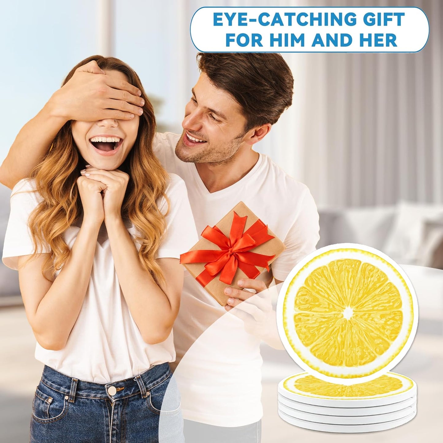 Drinks Coasters Set of 4, Lemonade Round 4" Cup Coasters, Absorbent Ceramic Stone Coasters with Cork Base, Cute Coasters for Table Home Décor, Ideal Gifts for Women Men