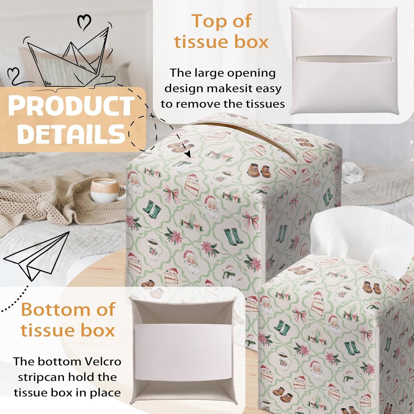 Christmas Tissue Box Holder, Watercolor Doodles Christmas Leather Tissue Box Cover Square with Bottom Belt, Paper Facial Decorative Tissues Cover for Bathroom Office Home Decor-B05