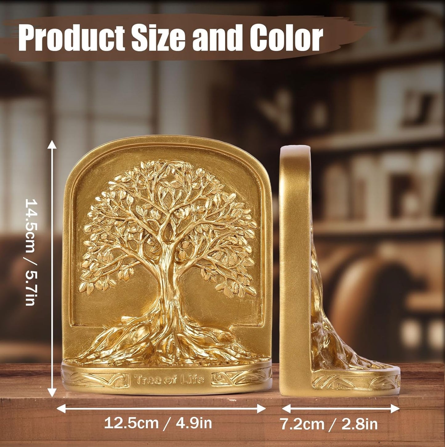Gold Tree of Life Bookends Set, 2 Decorative Bookends for Shelves or Bookcase, Non-Skid Heavy Bookends for Desktop Shelf Decor, Library Office Decor, Home Décor Gift (Gold)