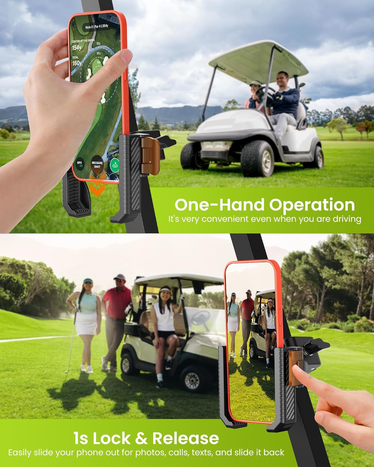 Golf Cart Phone Holder Mount - 3s Phone Clip Install, 1s Lock & Release，Phone Caddy for iPhone Galaxy & More Fits Yamaha Club Car EZGO Icon, Golf Cart Accessories Essentials Gift for Men Women