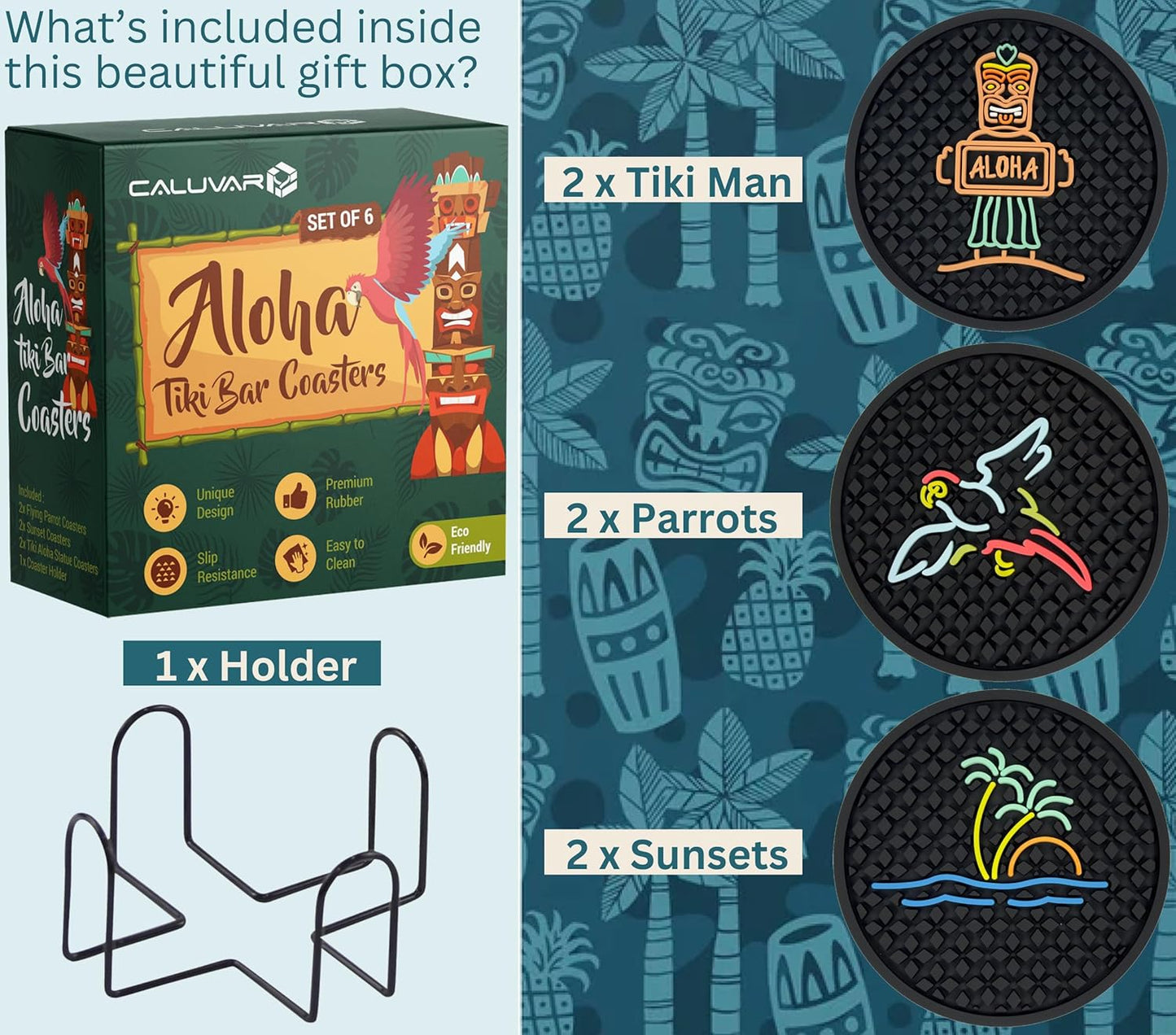 Aloha Tiki Bar Drink Coasters Set of 6 with Holder for Hawaiian and Luau Party Decorations with Tiki Warrior, Wave & Palm Tree and Parrot Designs, Tiki Bar Decor Silicone Coasters, Aloha Party Decor