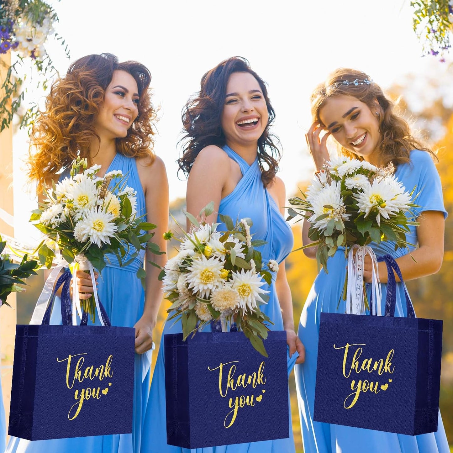 Sweetude 30 Pcs Thank You Gift Bags with Handles Bulk Reusable Goodie Bag Non Woven Foldable Handbag for Graduation Wedding Bridesmaid Gifts(11 x 12 x 5 Inch, Navy Blue)