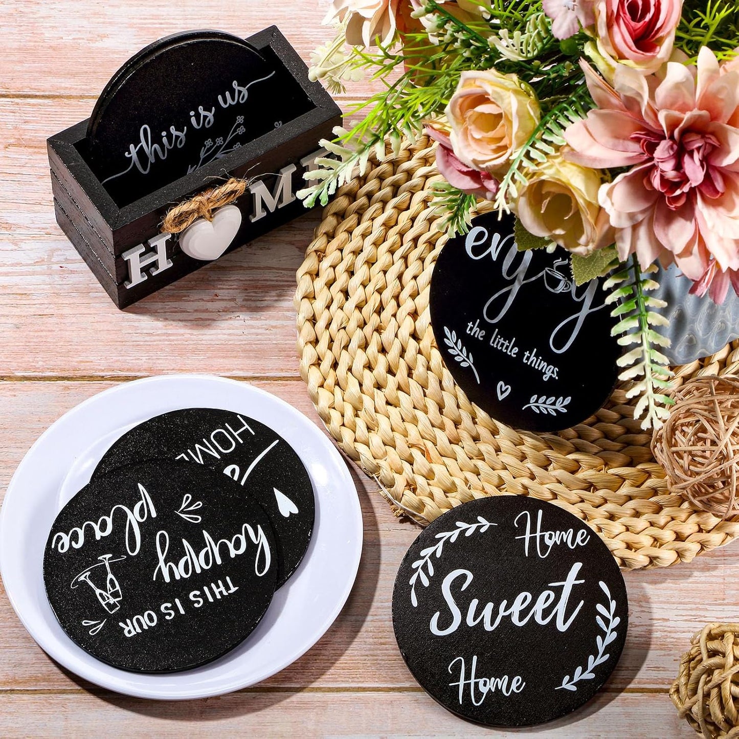 Queekay Housewarming Gifts for Home Decoration Wooden Heart Coasters for Drinks 6 Set Farmhouse Coasters with Holder Funny for Family Coffee Table Protection, 4''(Black)