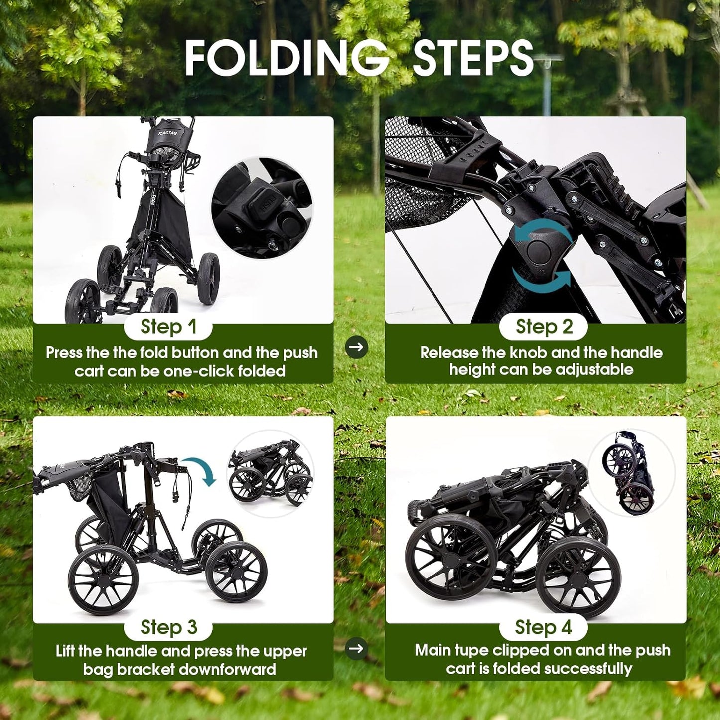 Golf Push Cart 4-Wheels,Folding Golf Cart, Golf Pull cart with Cup Holder,Umbrella Holder,Cooler Bag, Foldable with one-Click,Handle Height Adjustable,Drink Holder,Walking Push cart