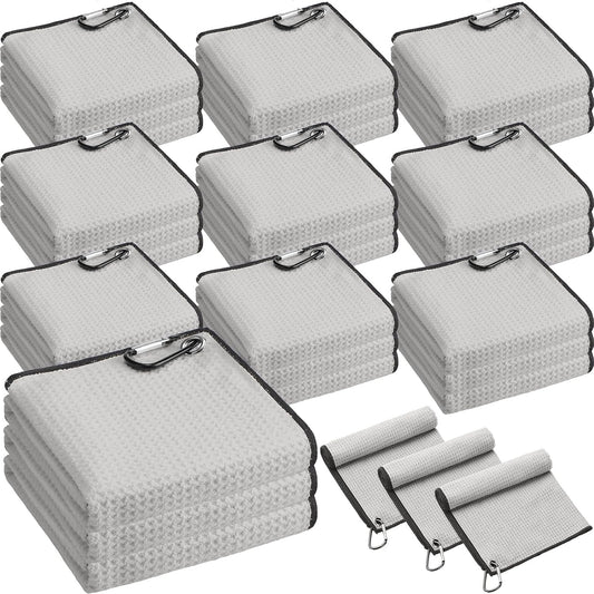 Batiyeer 30 Pcs Bulk Golf Towels for Golf Bags 16'' x 16'' Microfiber Fabric Golf Towel Waffle Pattern with Clip for Bags Men Mini Tournament Fitness Yoga Camping(Gray)