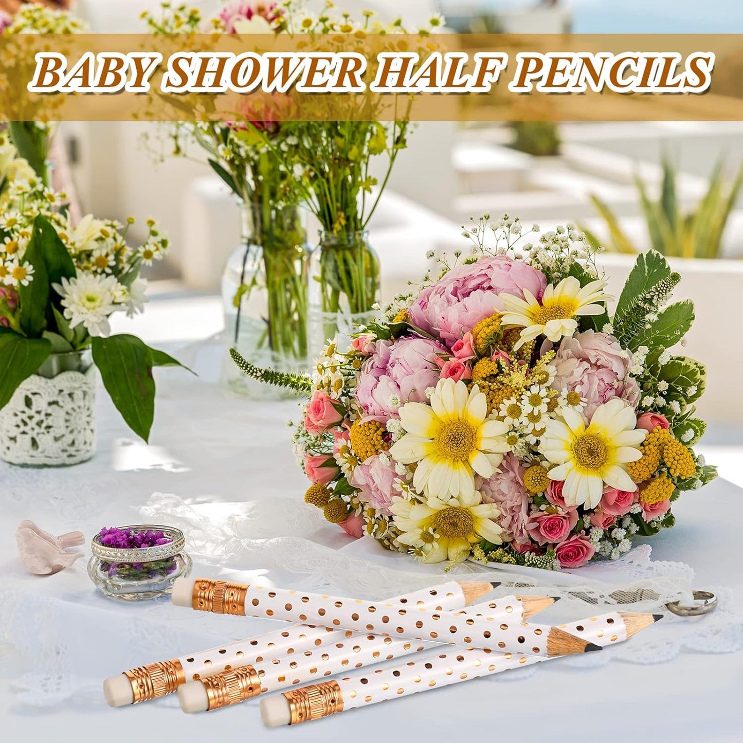 Crtiin 50 Pcs Mini Golf Pencils with Eraser Pre Sharpened 4 Inch Pocket Half Pencils for Bridal Shower Baby Shower Wedding Game School Office Supplies Party Favors Prize Gift(White and Rose Gold,Dot)