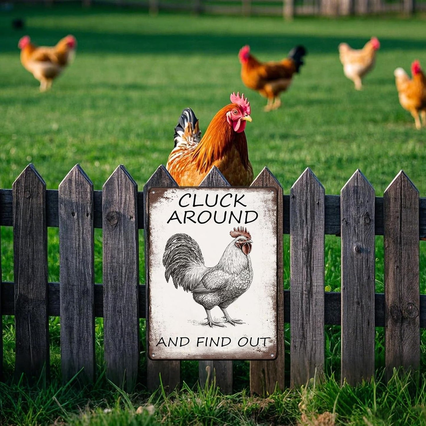 Vintage Tin Metal Aluminum Sign Chicken Cluck Around And Find Out Iron Painting Vintage Wall Decoration Poster For Home Garden Yard Garage Bar Shop 12x16 Inch
