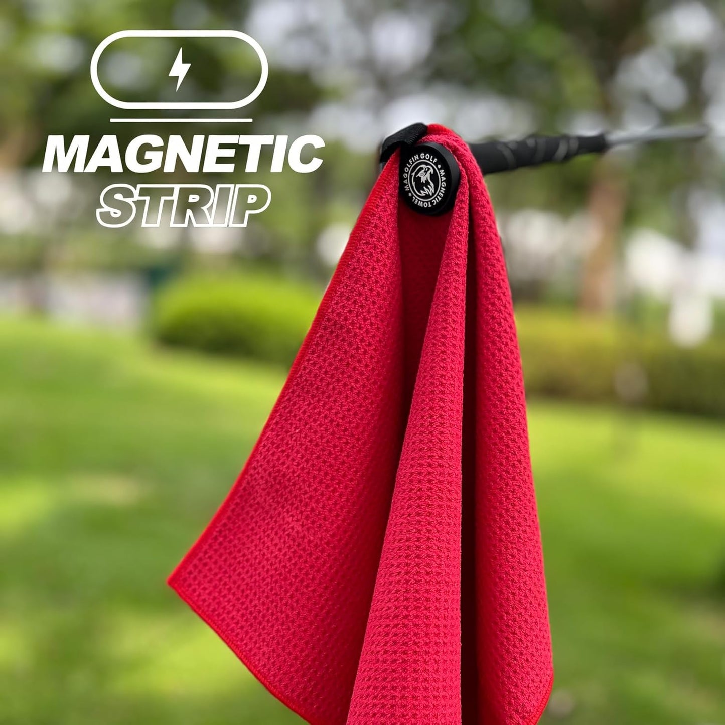 Magnetic Golf Towel with Clip, Microfiber Waffle Design - Industrial Strength Magnet for Strong Hold to Golf Bags, Carts & Clubs - Red