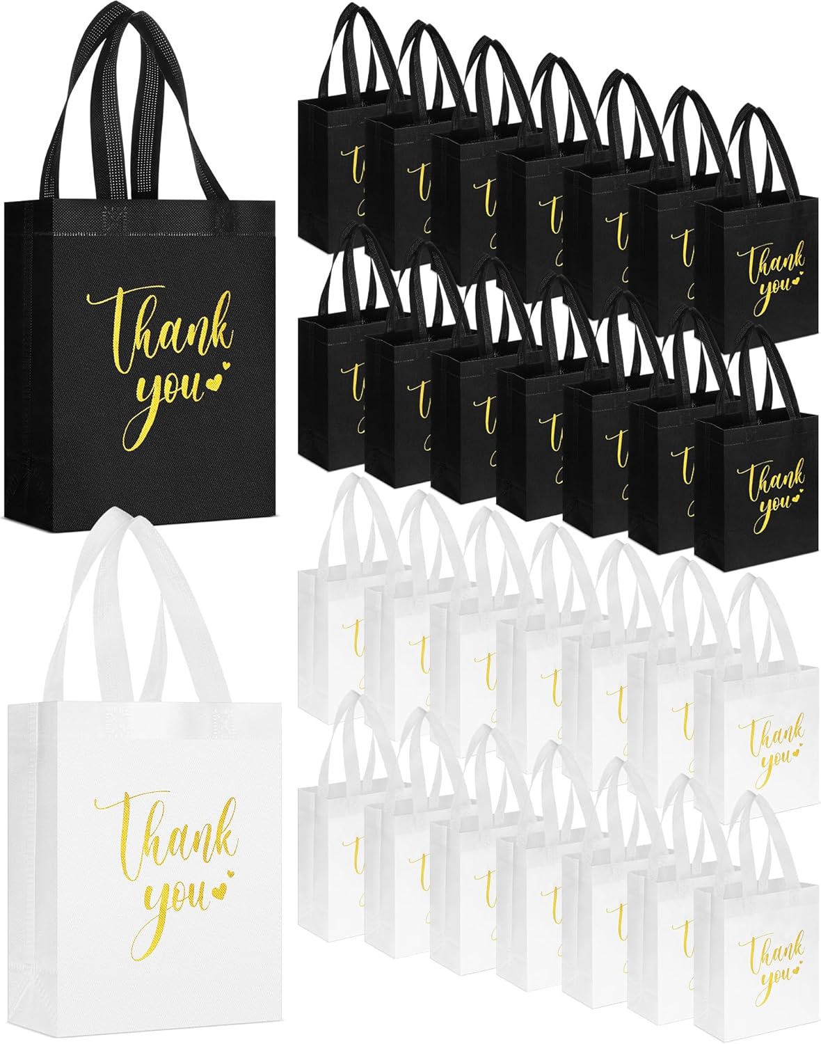 Sweetude 30 Pcs Thank You Gift Bags with Handles Bulk Reusable Goodie Bag Non Woven Foldable Handbag for Graduation Wedding Bridesmaid Gifts(10 x 8 x 4 Inch,Black, White)