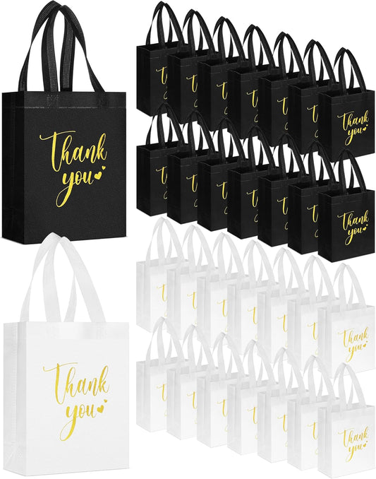 Sweetude 30 Pcs Thank You Gift Bags with Handles Bulk Reusable Goodie Bag Non Woven Foldable Handbag for Graduation Wedding Bridesmaid Gifts(10 x 8 x 4 Inch,Black, White)