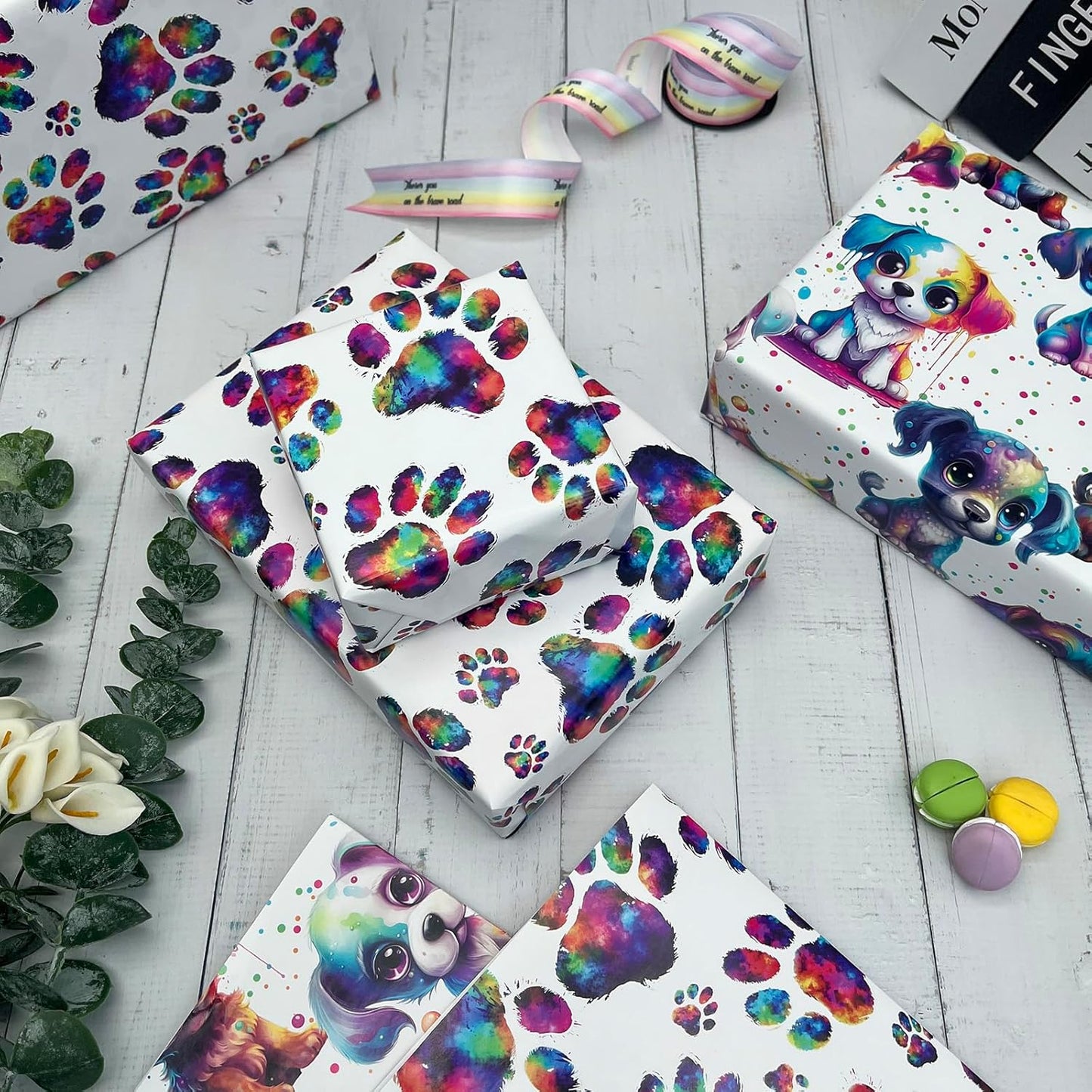 Dtiafu Dog Wrapping Paper - Colorful Paw Wrapping Paper for Boys Girls Kids Birthday Baby Shower Holiday - 20 X 28inch Per Sheet(8 Sheet Folded Flat)