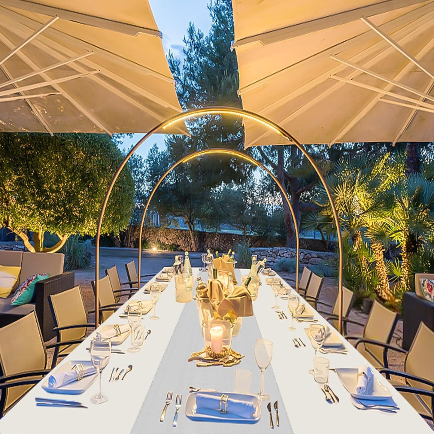 8 Packs Plastic Table Cloth Rectangle Table Disposable and Satin Table Runner, White and Silver Tablecloth Table Runner Cover for Baby Shower Birthday Wedding Anniversary Engagement Party Decorations